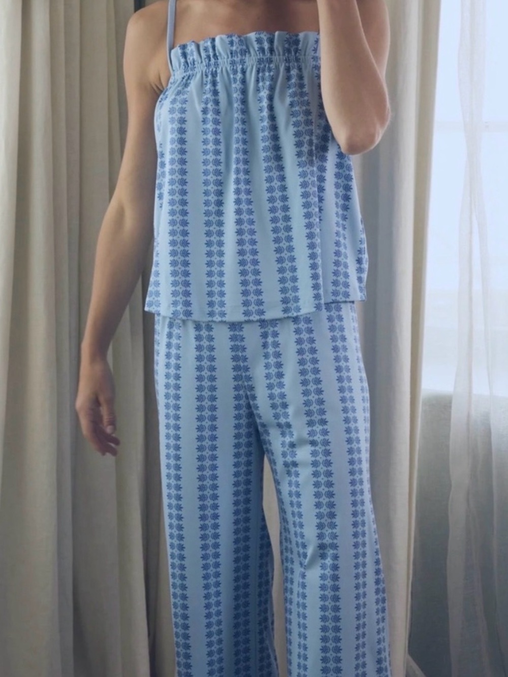 LAKE Pima Ruffle Tank in French Blue Trellis - New Without Tags